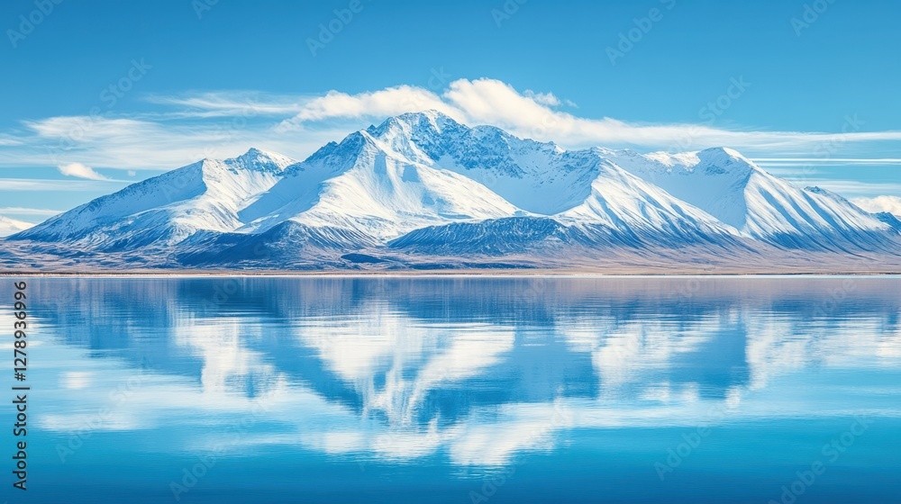 Naklejka premium Majestic mountains stand tall, mirrored perfectly in a tranquil lake under a clear blue sky, creating a serene and picturesque landscape.