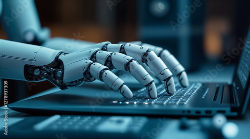 Robot hand typing on laptop keyboard