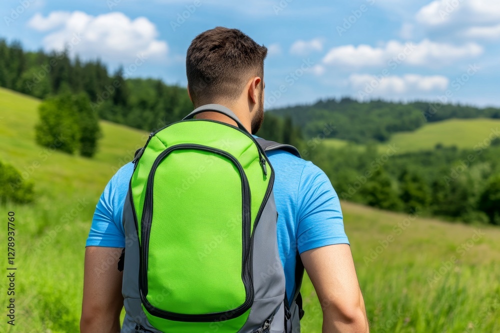 Naklejka premium Caucasian male hiker walking through wilderness embracing nature walking with backpack