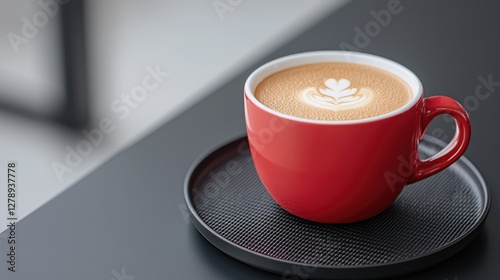 Red cup of latte art on a black tray, coffee shop setting, suitable for a coffee advertisement or blog post photo