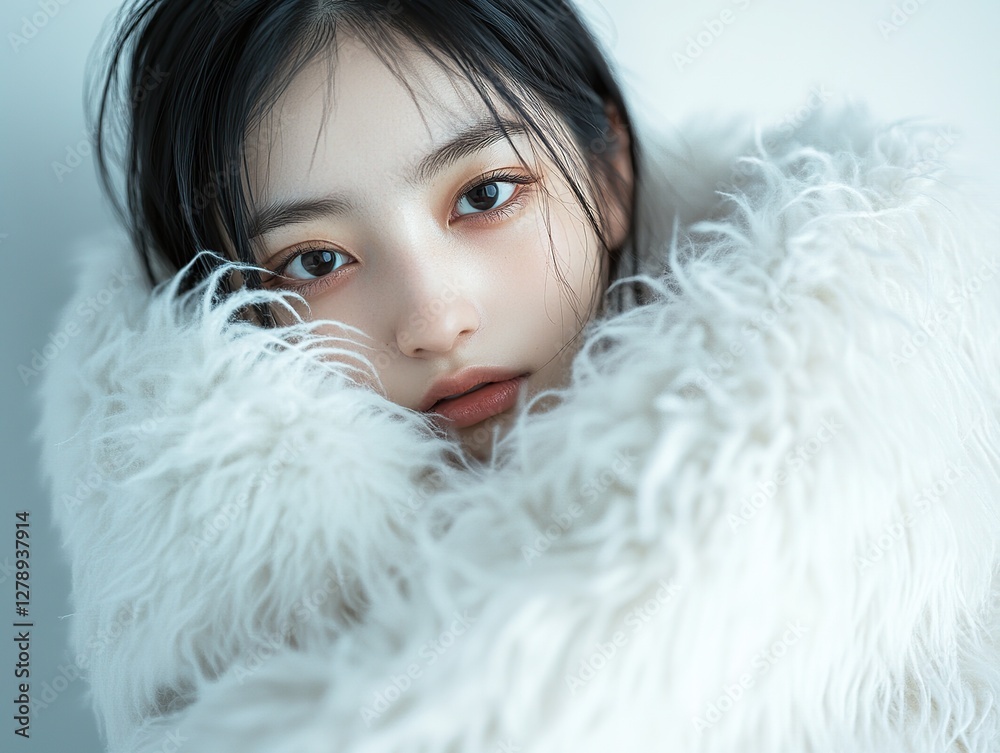 Elegant woman in white fluffy coat in confident pose, beautiful face on pure white background. Studio portraits with soft, bright light and cinematic contrast. Elegant woman in white fluffy coat in confident pose, beautiful face on pure white background. Studio portraits with soft, bright light and cinematic contrast.