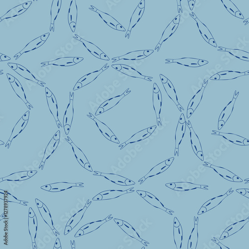 Fish swarms swiming in circles vector seamless pattern. Fish swim wallpaper background in retro vintage style. Fisherman aesthetic design for textile.