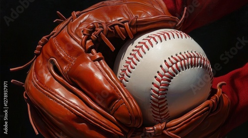 Softball player showcasing a tightly held ball in her gloved hand.