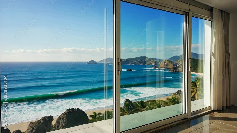 Beautiful view of the sea or ocean from a large window. Sunlight. Slow motion video Beautiful view of the sea or ocean from a large window. Sunlight. Slow motion video