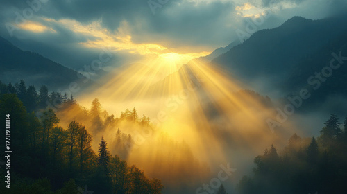 Weather background of soft golden light breaking through a dense morning fog in the mountains