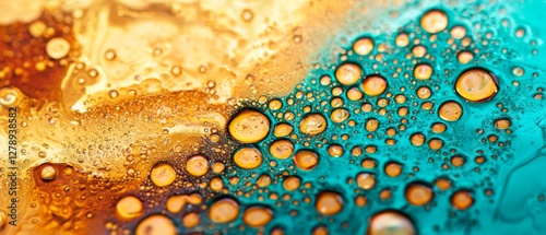 Close-up of a caffeine-powered carbonated beverage golden hues effervescent fizz ice cubes bobbing condensation shimmering neon accents capturing the essence of an energizing drink