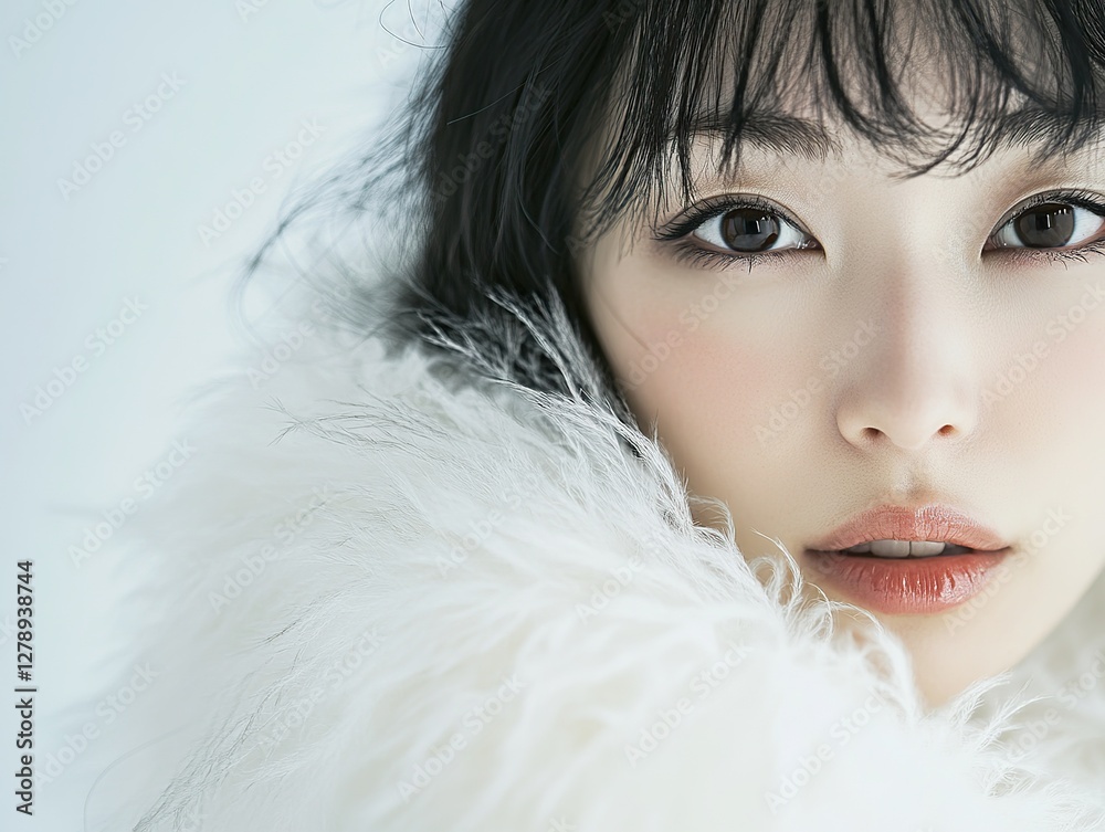 Elegant woman in white fluffy coat in confident pose, beautiful face on pure white background. Studio portraits with soft, bright light and cinematic contrast. Elegant woman in white fluffy coat in confident pose, beautiful face on pure white background. Studio portraits with soft, bright light and cinematic contrast.