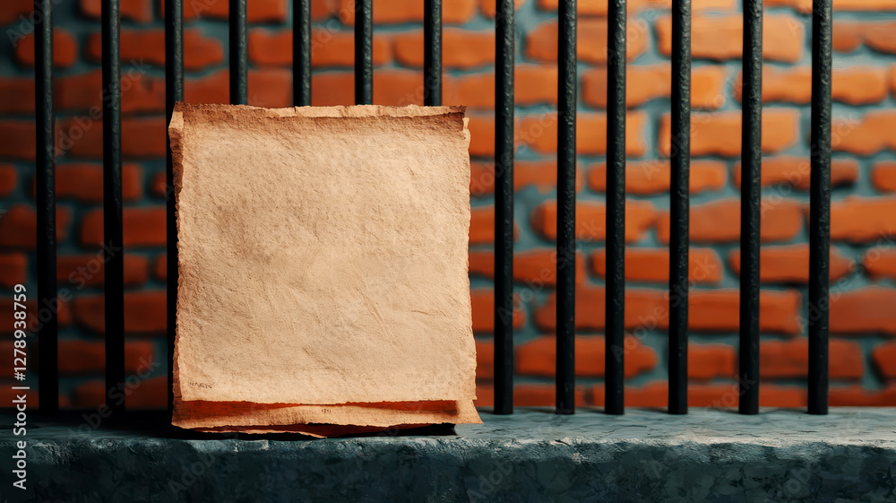 Fototapeta premium A blank paper notepad placed on a surface with a brick wall in the background, ideal for notes or sketches.
