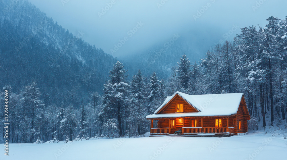 Winter wonderland with snow-covered pine trees and a cozy cabin nestled among them Winter wonderland with snow-covered pine trees and a cozy cabin nestled among them
