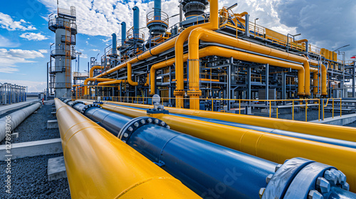 A modern high-tech energy facility with a hybrid gas and hydrogen pipeline system, highlighting advancements in clean energy transport. 