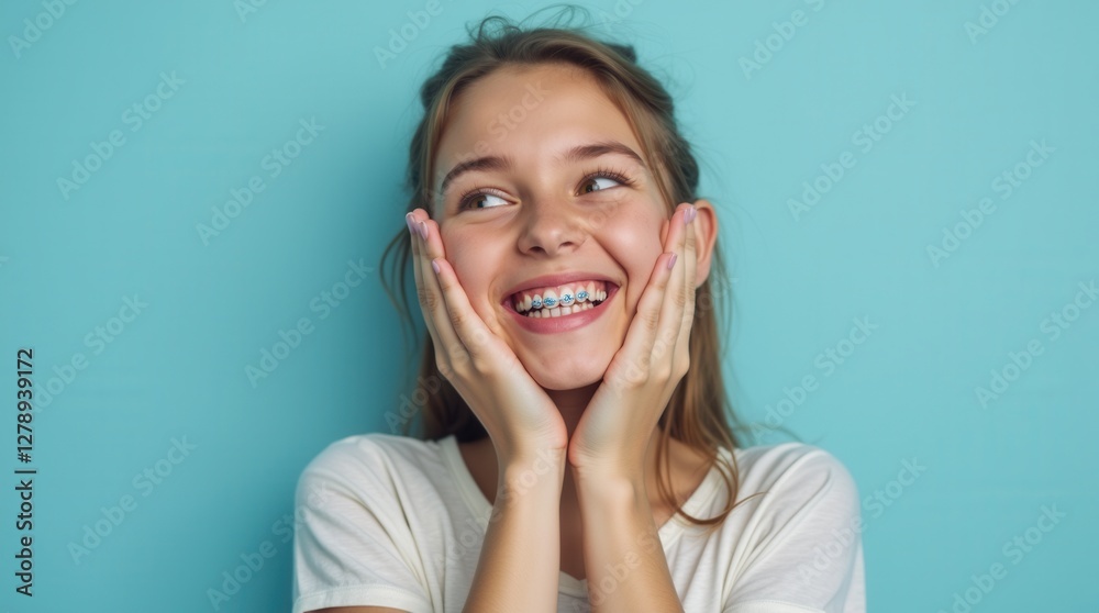 Happy Teenager Showing Braces Against Blue Background Happy Teenager Showing Braces Against Blue Background