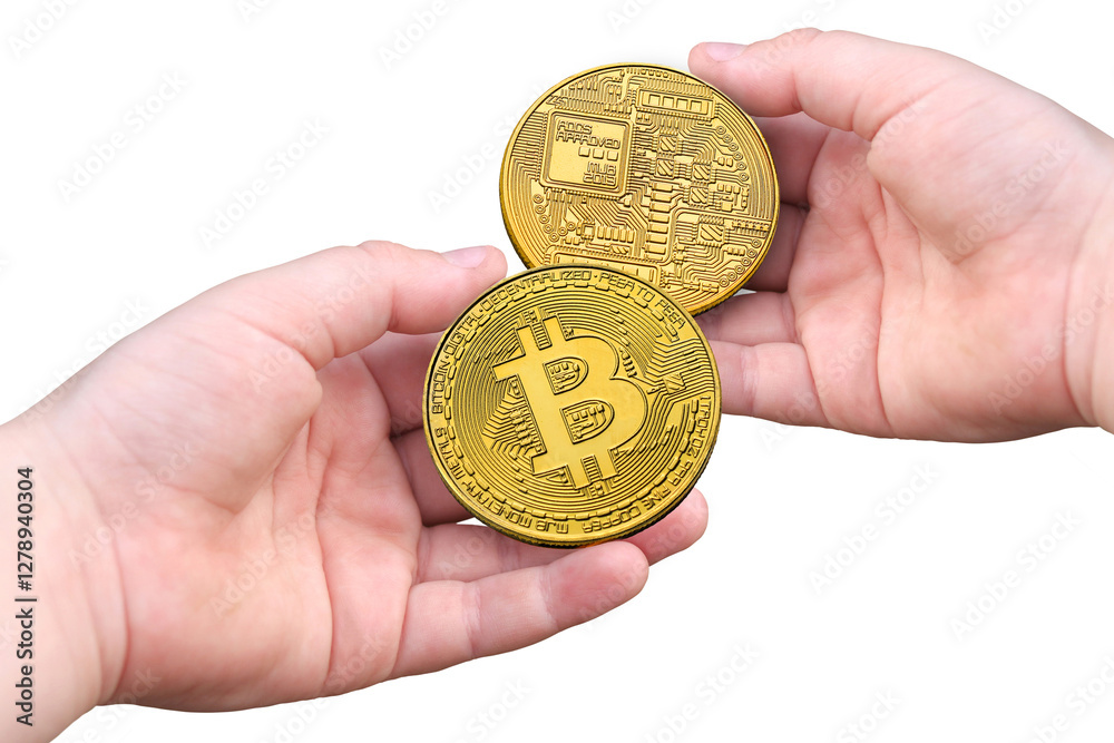 Bitcoins in hands isolated on white background Bitcoins in hands isolated on white background