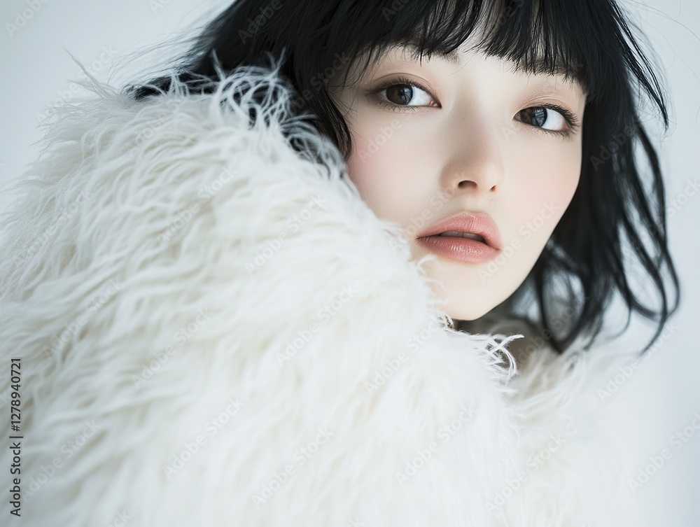 Elegant woman in white fluffy coat in confident pose, beautiful face on pure white background. Studio portraits with soft, bright light and cinematic contrast. Elegant woman in white fluffy coat in confident pose, beautiful face on pure white background. Studio portraits with soft, bright light and cinematic contrast.