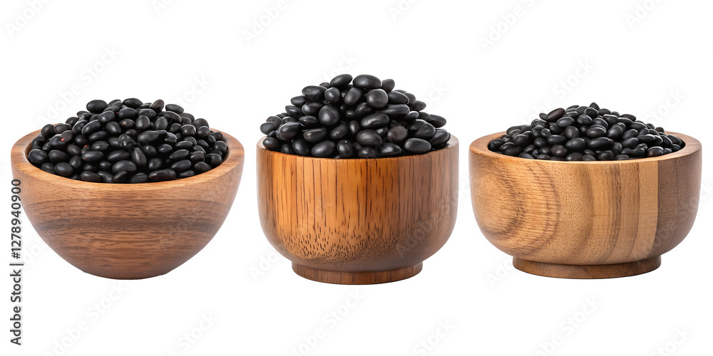 Fototapeta premium Three Various Wooden Bowls Overflowing with Black Beans on Transparent Background, Rustic, Farm Fresh