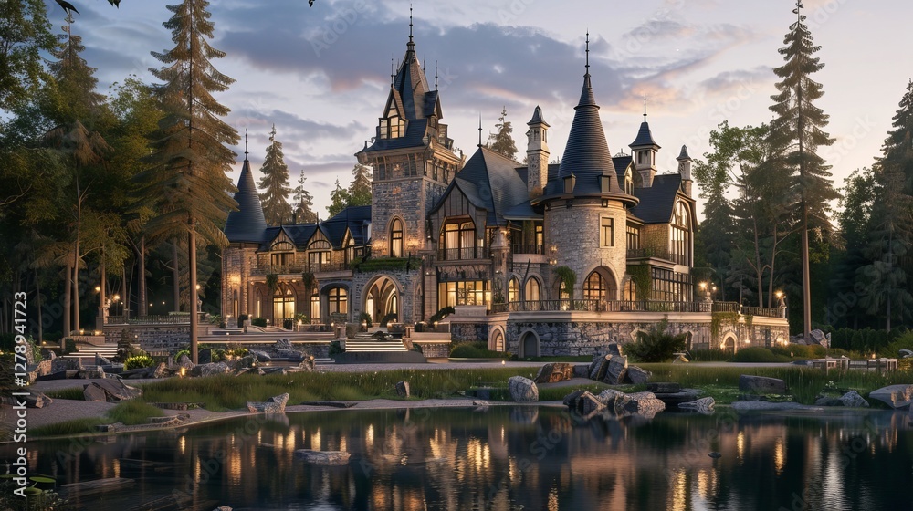 Fototapeta premium A stunning stone mansion with turrets surrounded by lush greenery and a tranquil lake at sunset.