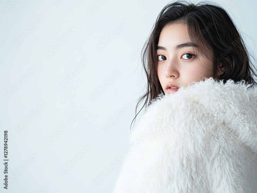 Elegant woman in white fluffy coat in confident pose, beautiful face on pure white background. Studio portraits with soft, bright light and cinematic contrast. Elegant woman in white fluffy coat in confident pose, beautiful face on pure white background. Studio portraits with soft, bright light and cinematic contrast.