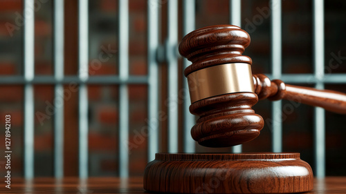 A close-up of a wooden judge's gavel in front of prison bars, symbolizing justice and the legal system.