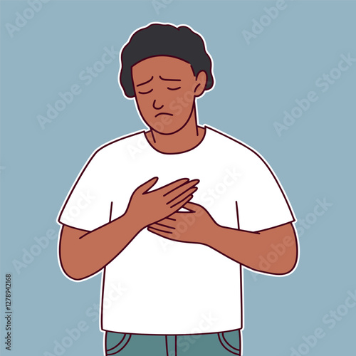 A very sad African American man stands with his arms crossed over his chest, looking down in distress. The light blue background emphasizes the melancholic mood. Flat vector illustration.