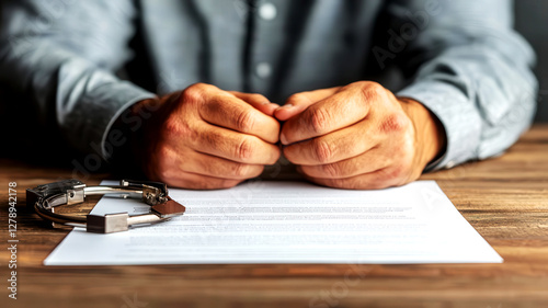 A close-up of hands resting on a document with handcuffs nearby, evoking themes of justice, crime, and legal matters.