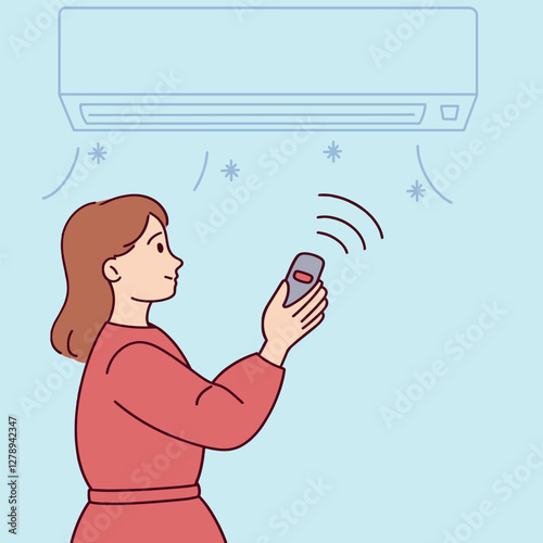 A Caucasian woman with long hair in a red dress stands under an air conditioner, using a remote to adjust the temperature. She enjoys the cool air on a hot day. Flat vector illustration.