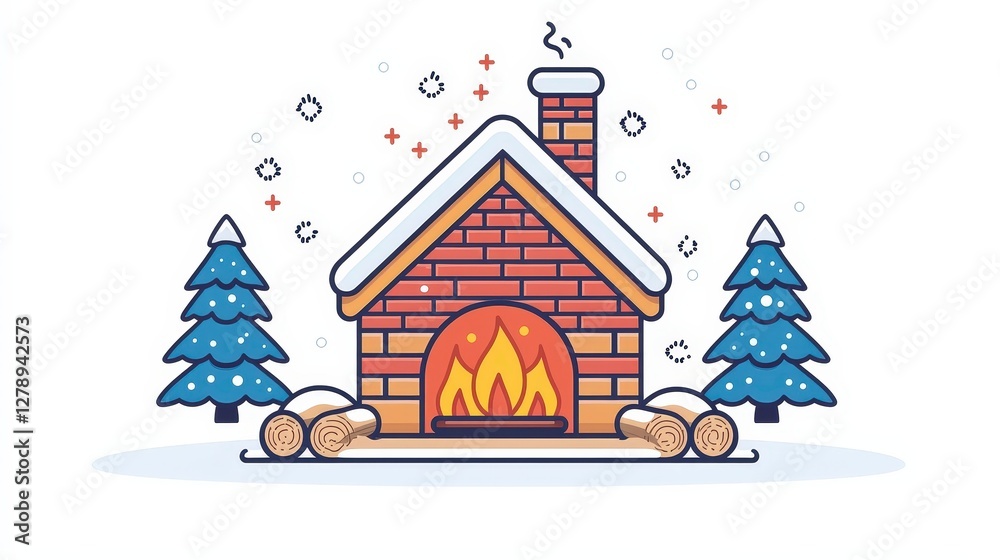 Cozy Winter Cabin with Fireplace Surrounded by Snowy Trees and Falling Snowflakes Cozy Winter Cabin with Fireplace Surrounded by Snowy Trees and Falling Snowflakes