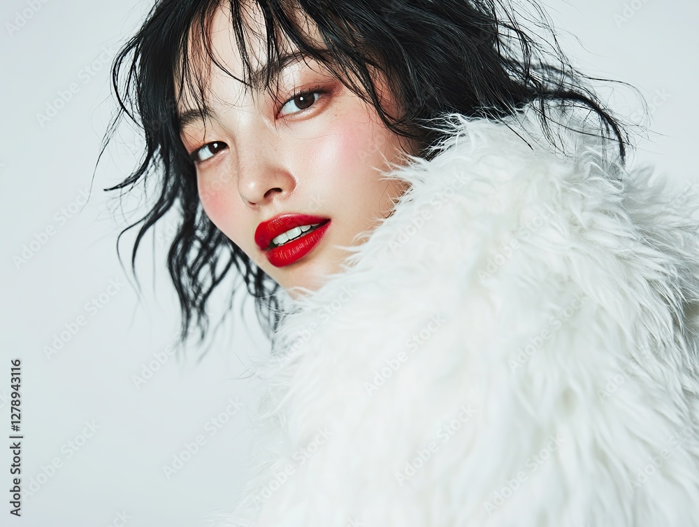 Elegant woman in white fluffy coat in confident pose, beautiful face on pure white background. Studio portraits with soft, bright light and cinematic contrast. Elegant woman in white fluffy coat in confident pose, beautiful face on pure white background. Studio portraits with soft, bright light and cinematic contrast.