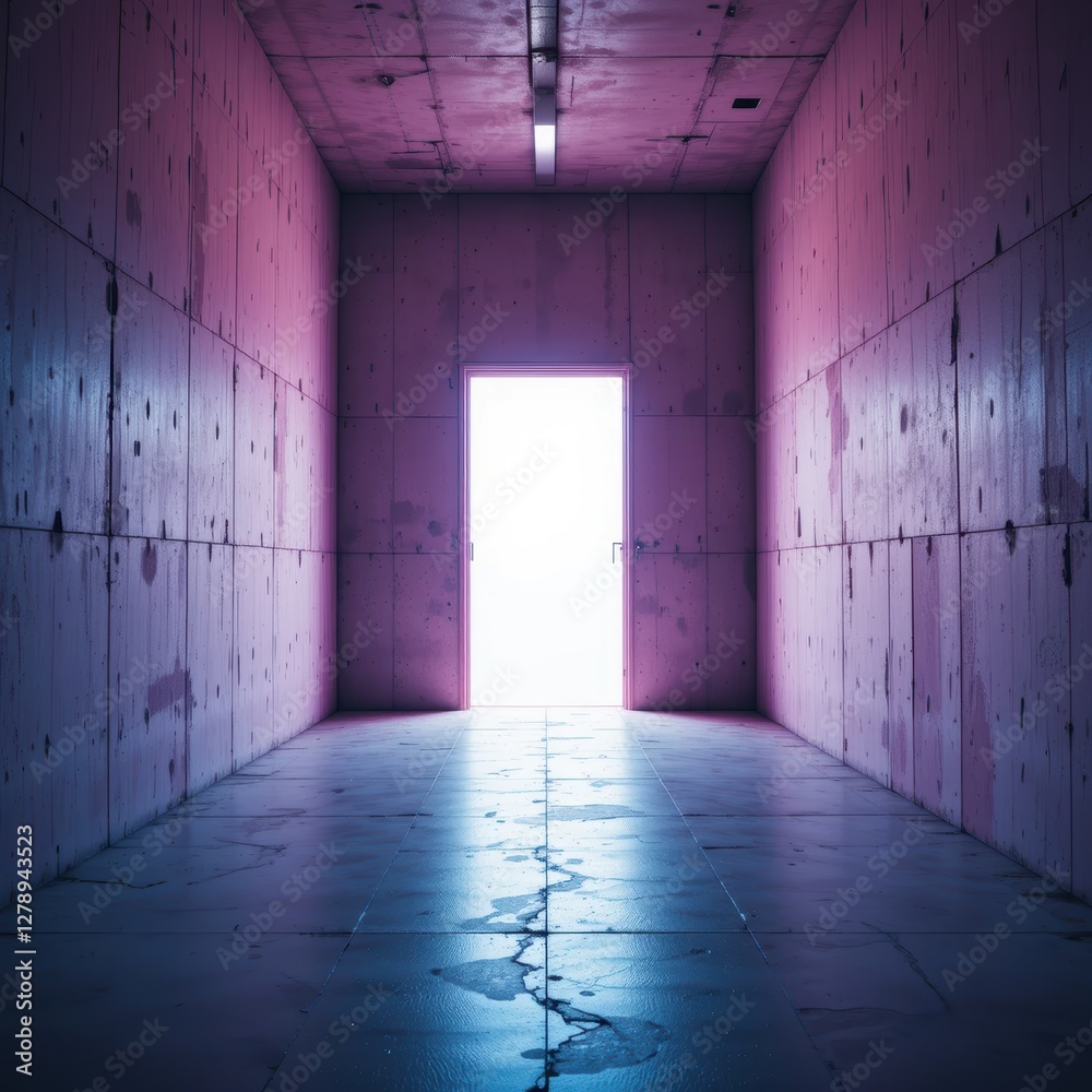 Obraz premium Minimalist interior with pink walls and bright light emerging from an open door in an empty corridor