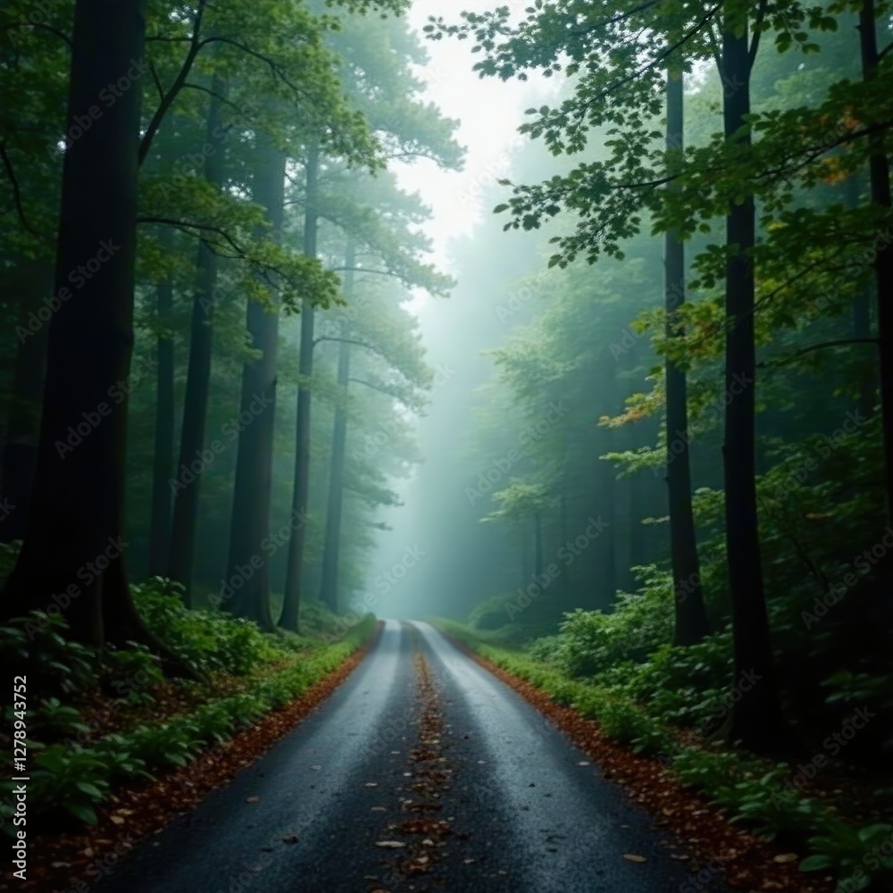 Obraz premium Misty forest road winding through dense foliage, winding road, nature