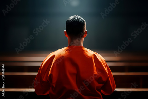 A solitary figure in an orange jumpsuit sits in a dimly lit courtroom, symbolizing themes of justice and reflection.