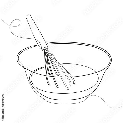 Bowl with liquid and whisk one line drawing. Culinary minimalist silhouette image. Linear icon on a white background. Bowl and whisk in continuous one line art style. Simple vector illustration. 