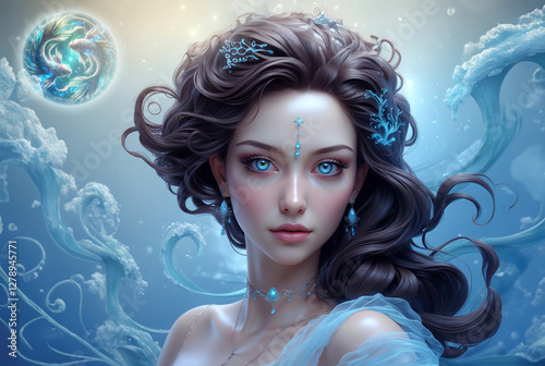 pisces woman in blue tonality with zodiac sign Pisces and ethereal background, astrology concept