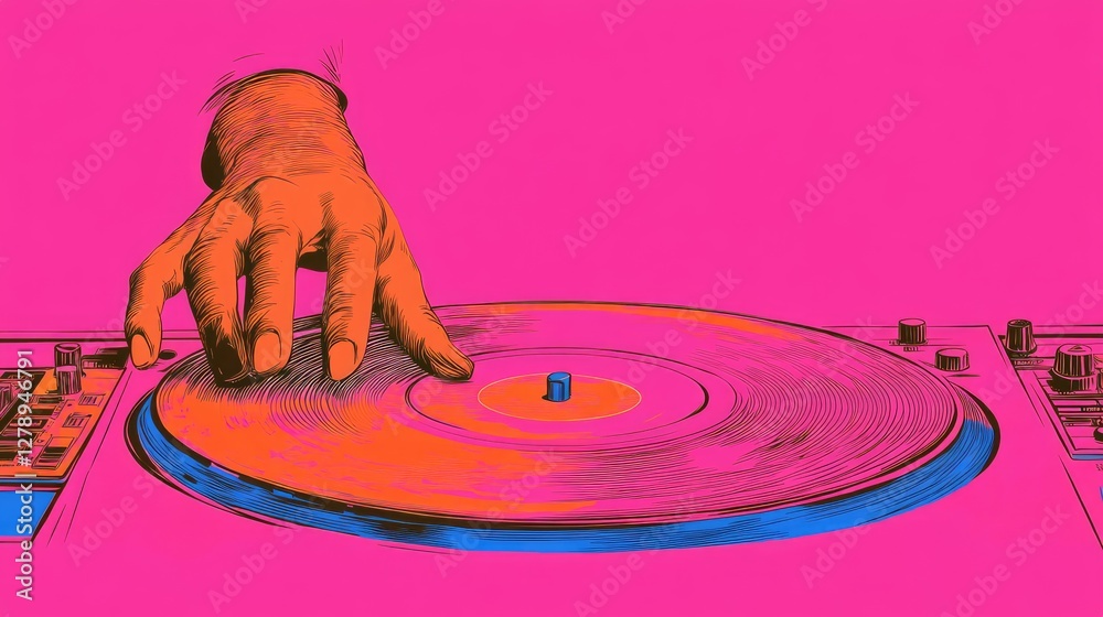 Obraz premium Vibrant Retro DJ Art: Hand Spinning Vinyl on Bold Neon Turntable Background
