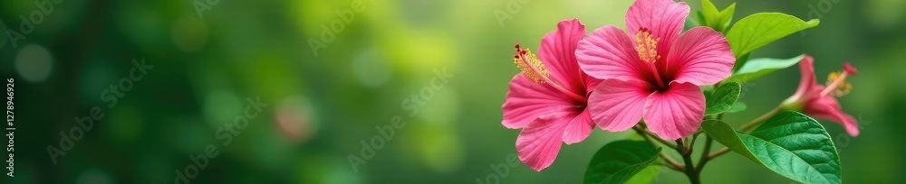 Fototapeta premium Pink hibiscus flowers blooming on a green stem, nature, flowers