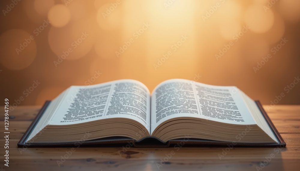 Fototapeta premium Open book on wooden table with warm sunlight background creating a serene and inviting reading atmosphere