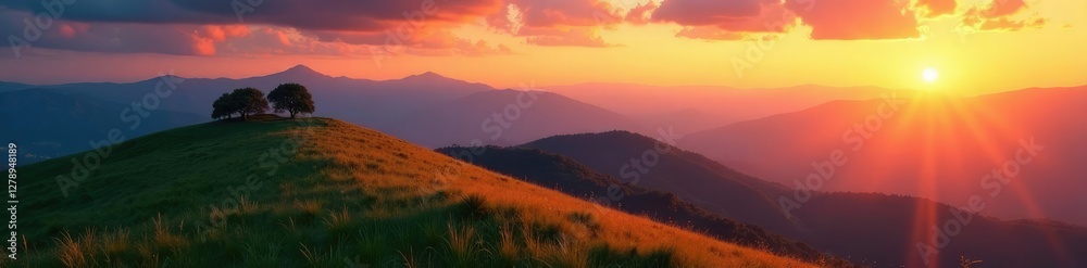 Rolling hills and mountains bathed in orange glow at dusk, hill, serene scene Rolling hills and mountains bathed in orange glow at dusk, hill, serene scene