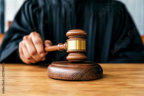 Judge in a courtroom with a gavel, sentencing a criminal to life imprisonment, symbolizing legal authority