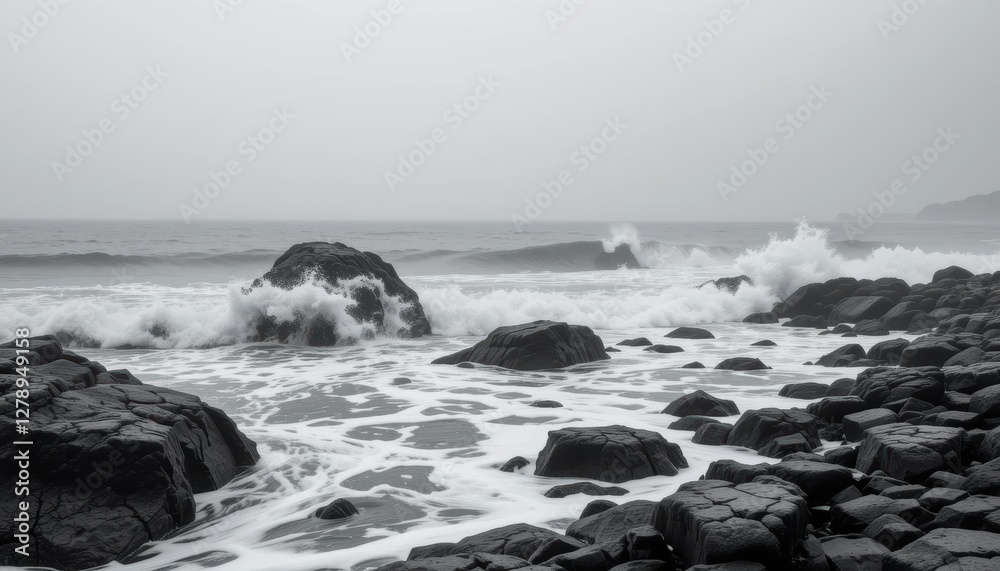 Mysterious Coastal Scene with Dark Rocks and Misty Waves on a Cloudy Day Mysterious Coastal Scene with Dark Rocks and Misty Waves on a Cloudy Day