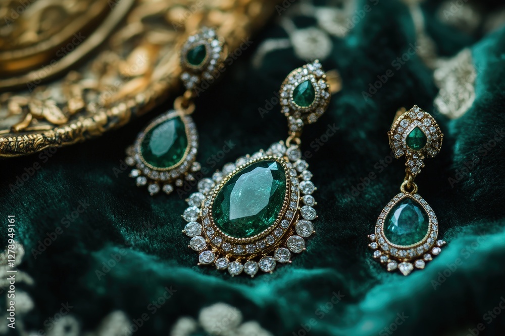 A close-up of an emerald pendant framed by matching earrings on a velvet backdrop A close-up of an emerald pendant framed by matching earrings on a velvet backdrop