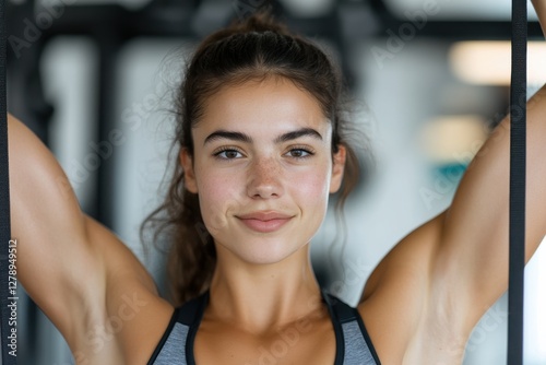 A young woman exudes happiness while exercising with resistance bands, showcasing her toned arms and confident demeanor. The image reflects her commitment to health and fitness. Free Download A young woman exudes happiness while exercising with resistance bands, showcasing her toned arms and confident demeanor. The image reflects her commitment to health and fitness. - GFXLoad