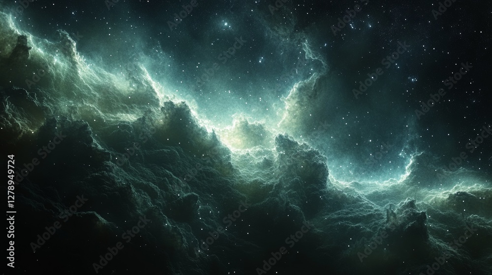 Fototapeta premium Teal nebula cosmic cloudscape with bright stars.