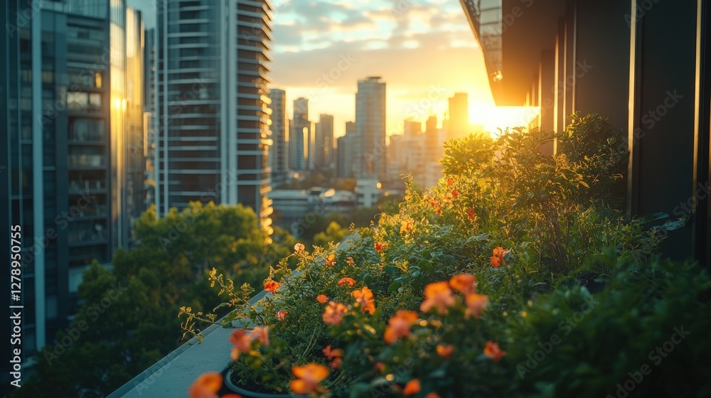 Fototapeta premium Rooftop sunset city flowers balcony view