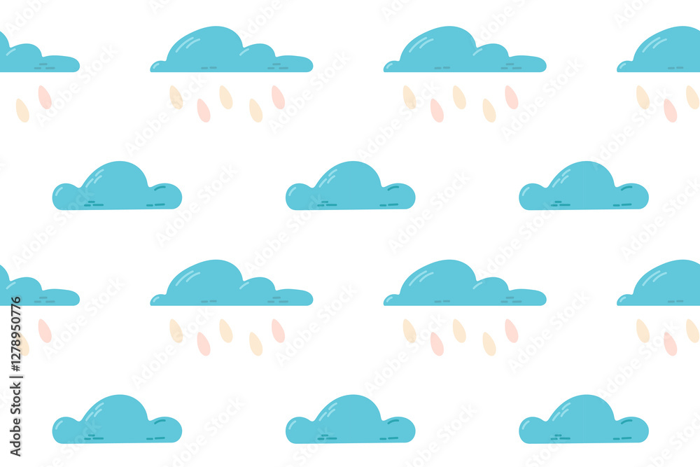 A seamless pattern of fluffy blue clouds with raindrops on a white background. Ideal for weather-themed designs and children's textiles. A seamless pattern of fluffy blue clouds with raindrops on a white background. Ideal for weather-themed designs and children's textiles.