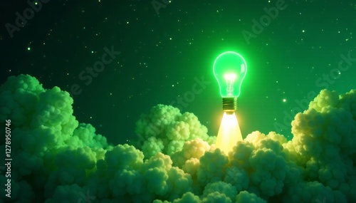 Glowing green idea fuel igniting rocket engine, propelling startup to new heights in space, celestial journey, starry night
