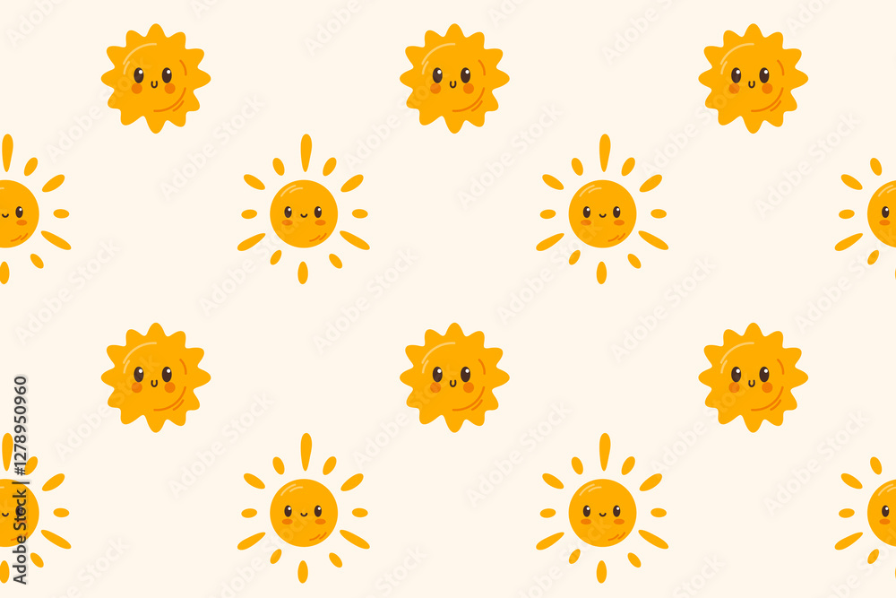 A bright and cheerful seamless pattern of suns on a soft beige background. A cozy design for summer-themed projects and kids’ decor. A bright and cheerful seamless pattern of suns on a soft beige background. A cozy design for summer-themed projects and kids’ decor.
