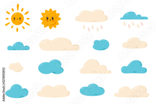 Set of suns and fluffy clouds in blue and beige tones. A beautiful design for children’s textiles, wallpapers, and decor.