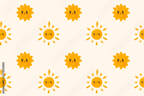 A bright and cheerful seamless pattern of suns on a soft beige background. A cozy design for summer-themed projects and kids’ decor.