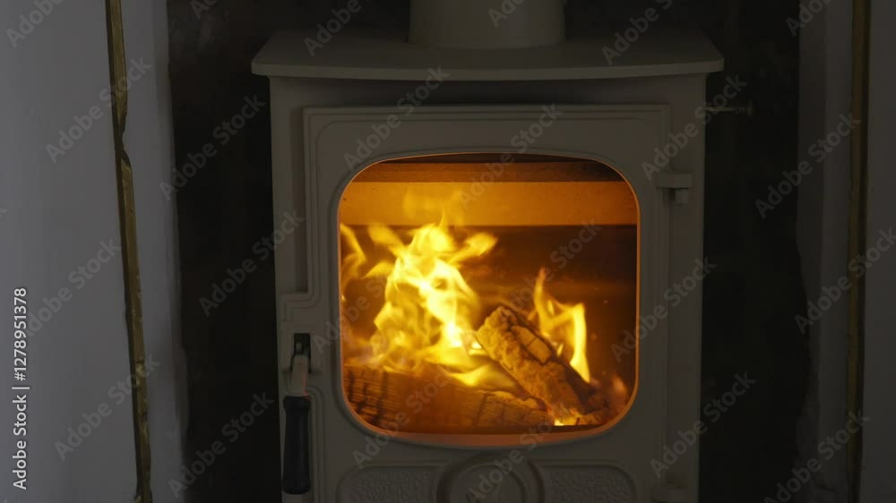A fireplace with a fire burning inside. The fire is orange and yellow A fireplace with a fire burning inside. The fire is orange and yellow