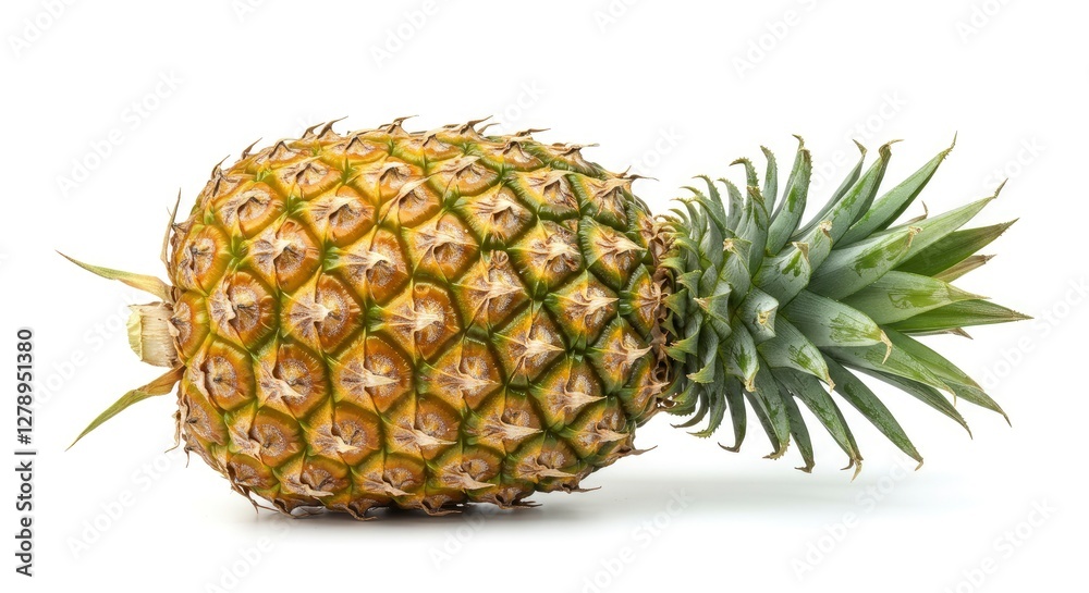 Whole Pineapple with Green Leaves Lying on White Surface Whole Pineapple with Green Leaves Lying on White Surface