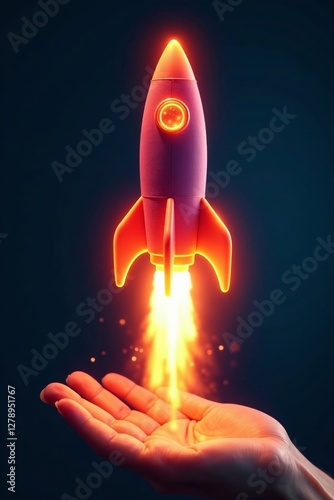 Hand touches digital hologram of rocket with flames on dark blue background, futuristic, technology