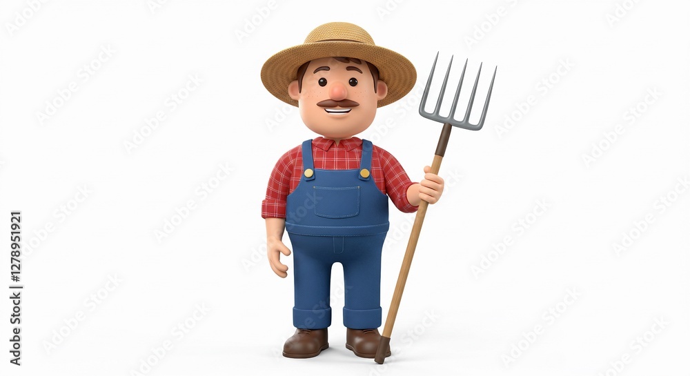 A 3D cartoon farmer with a mustache, wearing a straw hat, red plaid shirt, and blue overalls, holding a pitchfork. He has a friendly expression, symbolizing traditional farming and agriculture. A 3D cartoon farmer with a mustache, wearing a straw hat, red plaid shirt, and blue overalls, holding a pitchfork. He has a friendly expression, symbolizing traditional farming and agriculture.
